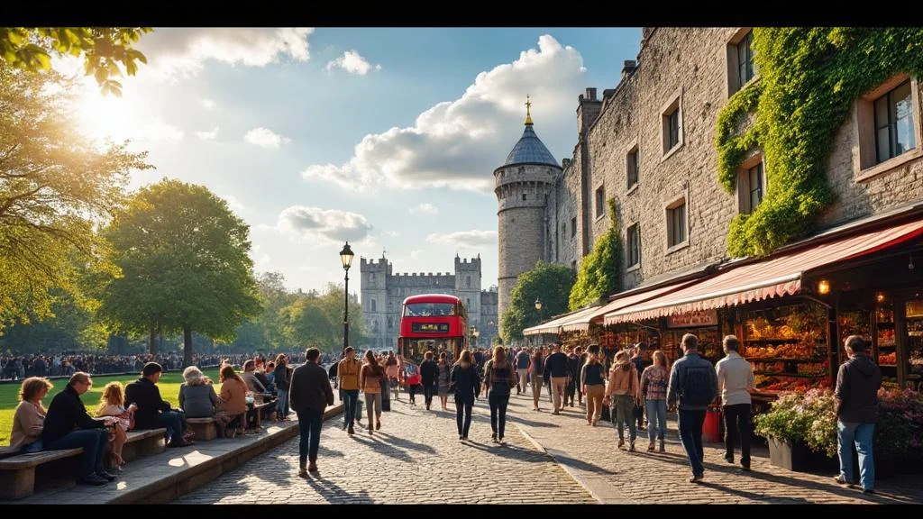 Scène hyper-réaliste de Londres mêlant Tower of London et marché de Camden, idéale pour visiter Londres en 3 jours