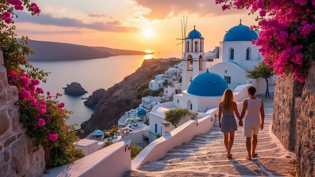 Vieux port de Santorin au coucher du soleil, architecture cycladique et ambiance romantique au bord de la mer