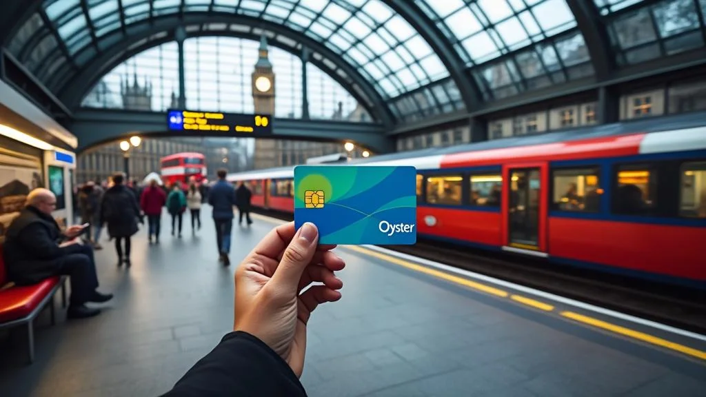 Voyageur tenant une carte Oyster dans une station de métro de Londres animée, symbolisant les transports pour visiter Lond...
