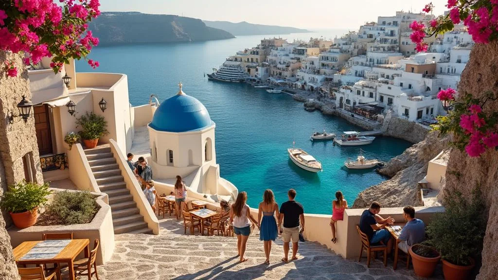Vue hyper-réaliste du vieux port de Santorin avec escaliers, bateaux et touristes en lumière dorée